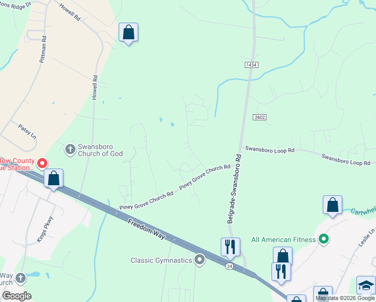 map of restaurants, bars, coffee shops, grocery stores, and more near 129 Old Freeman Road in Swansboro