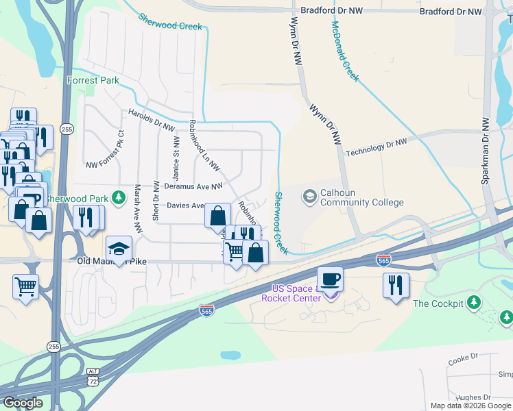 map of restaurants, bars, coffee shops, grocery stores, and more near 6201 Friar Tuck Drive Northwest in Huntsville