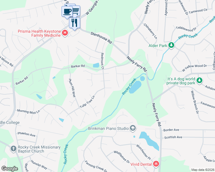 map of restaurants, bars, coffee shops, grocery stores, and more near 603 Tulip Tree Lane in Simpsonville