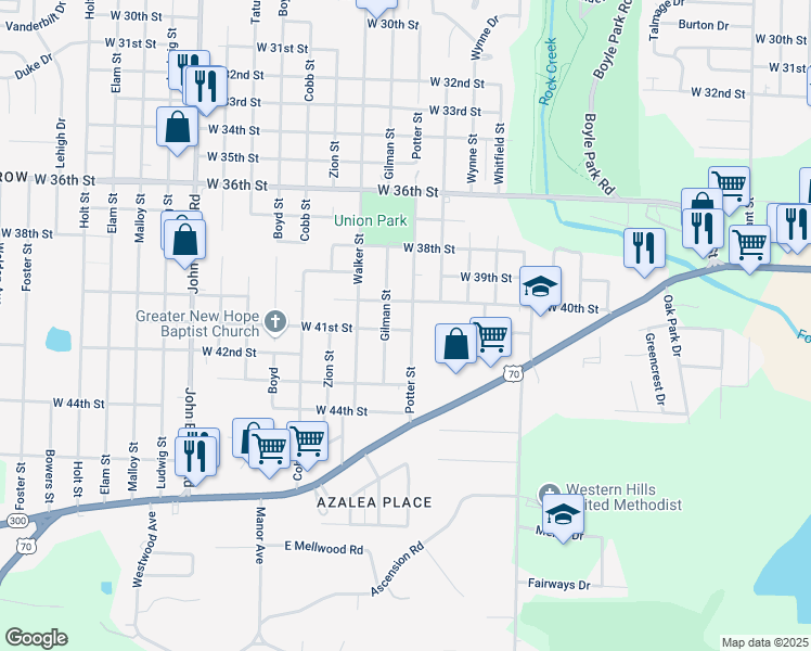 map of restaurants, bars, coffee shops, grocery stores, and more near 8000 West 41st Street in Little Rock