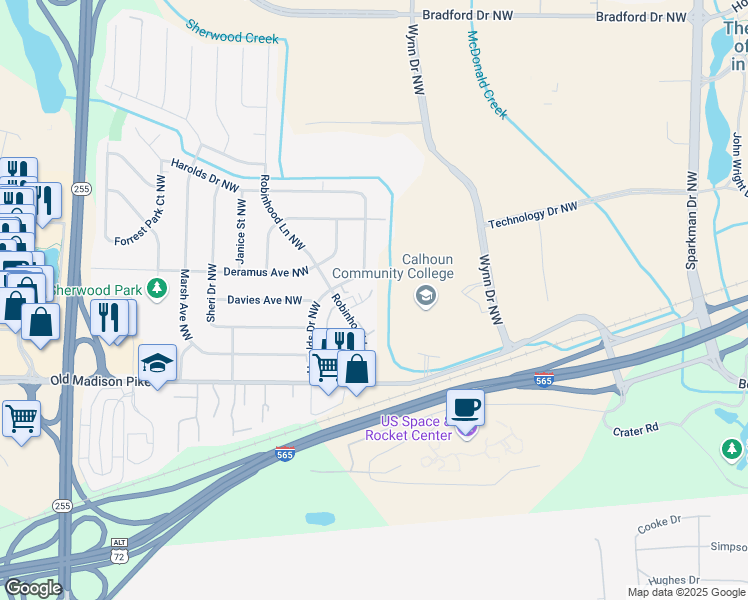map of restaurants, bars, coffee shops, grocery stores, and more near 6201 Friar Tuck Drive Northwest in Huntsville
