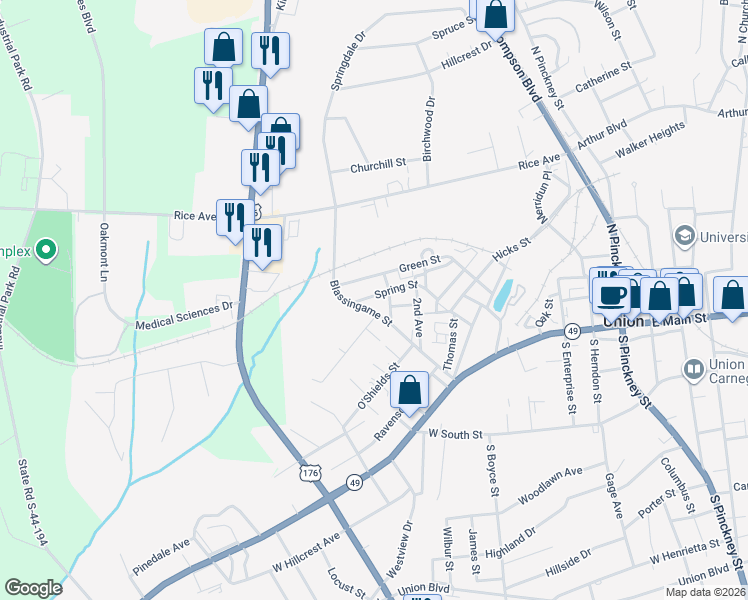 map of restaurants, bars, coffee shops, grocery stores, and more near 305 Spring Street in Union
