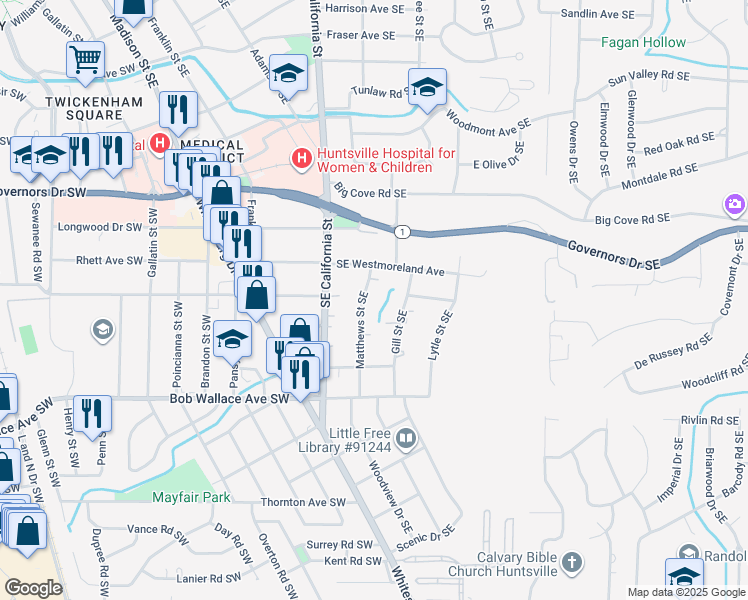 map of restaurants, bars, coffee shops, grocery stores, and more near 2202 Gill Street Southeast in Huntsville