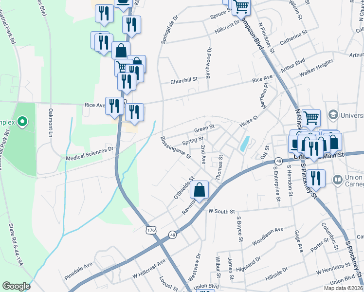 map of restaurants, bars, coffee shops, grocery stores, and more near 305 Spring Street in Union