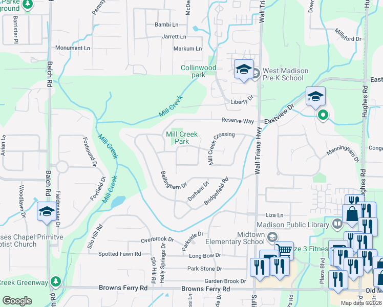 map of restaurants, bars, coffee shops, grocery stores, and more near 118 Teal Park Lane in Madison
