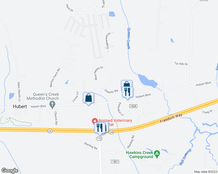 map of restaurants, bars, coffee shops, grocery stores, and more near 205 Brice Court in Hubert