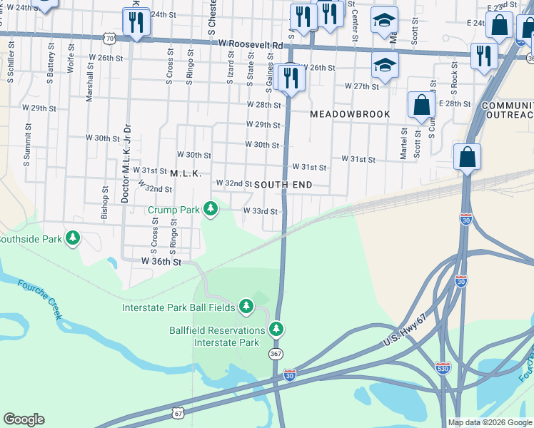 map of restaurants, bars, coffee shops, grocery stores, and more near 623 West 33rd Street in Little Rock
