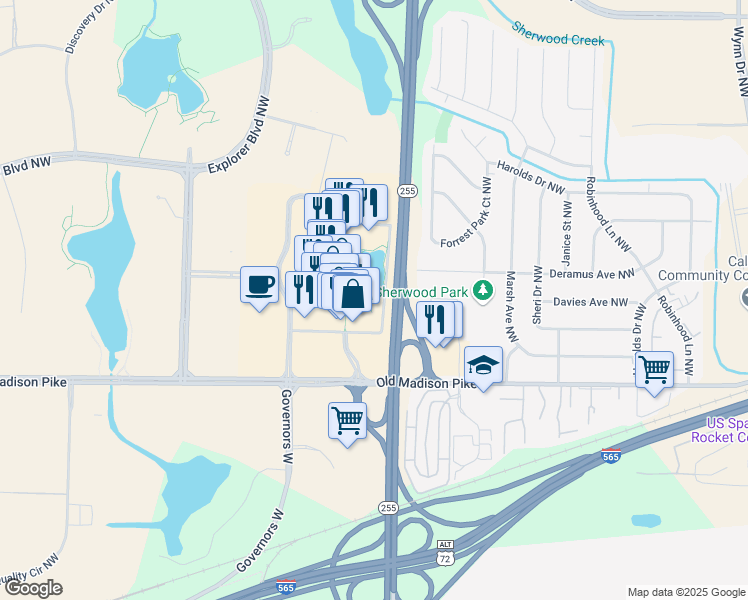 map of restaurants, bars, coffee shops, grocery stores, and more near 310 The Bridge Street in Huntsville