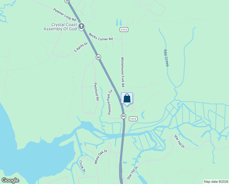 map of restaurants, bars, coffee shops, grocery stores, and more near 298 Pettiford Park Circle in Swansboro