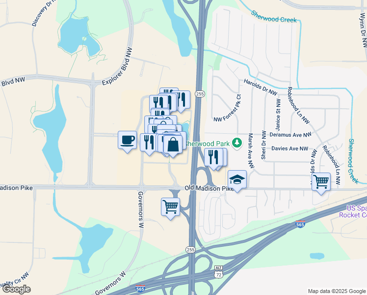 map of restaurants, bars, coffee shops, grocery stores, and more near Research Park Boulevard Northwest in Huntsville