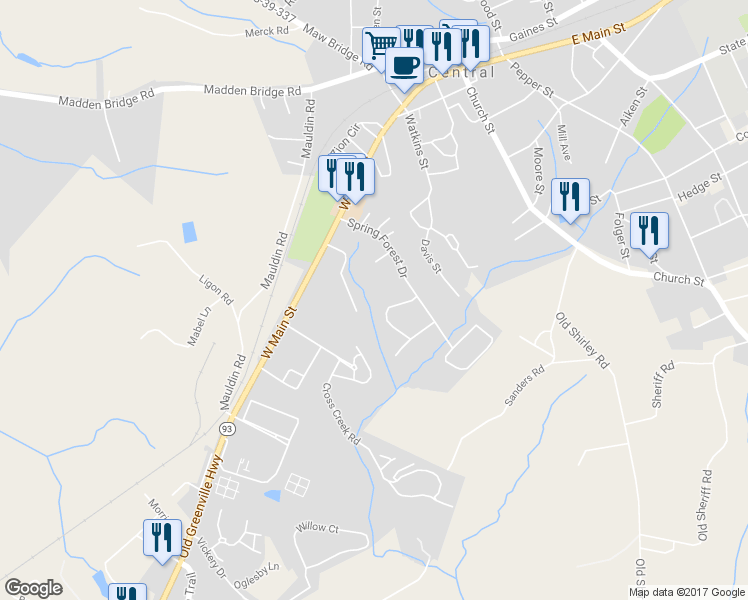 map of restaurants, bars, coffee shops, grocery stores, and more near 116 Evergreen Court in Central