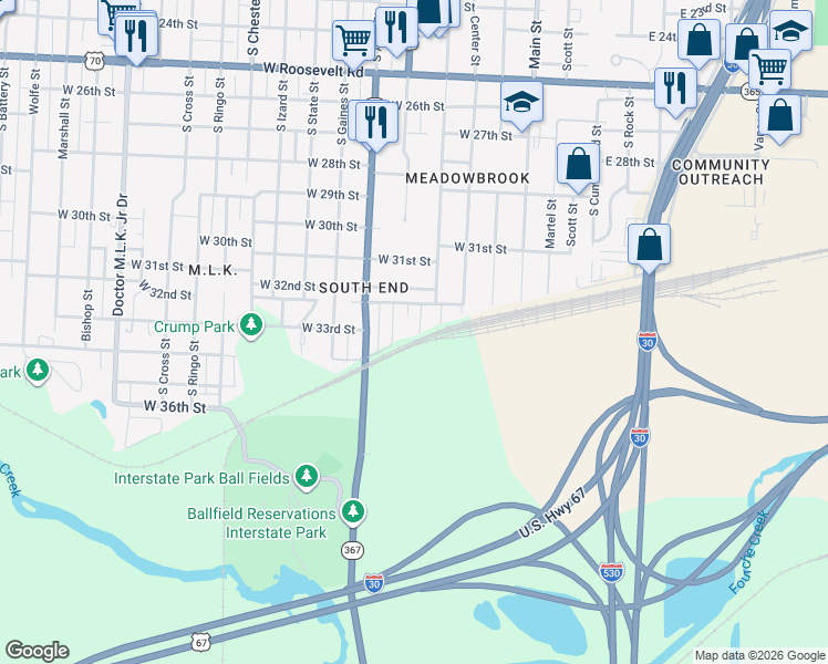 map of restaurants, bars, coffee shops, grocery stores, and more near 3328 Short Spring Street in Little Rock