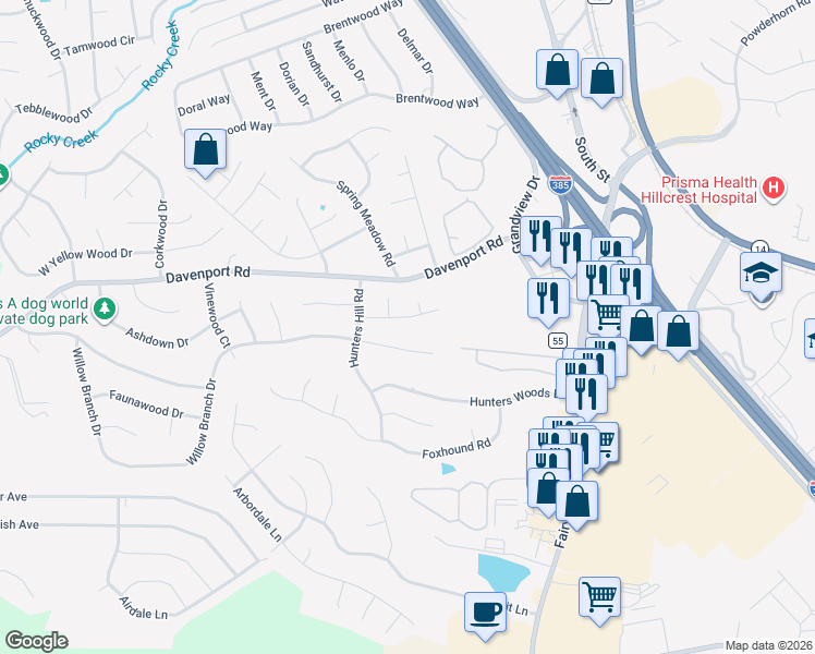 map of restaurants, bars, coffee shops, grocery stores, and more near 1109 Willow Branch Drive in Simpsonville