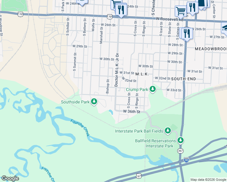 map of restaurants, bars, coffee shops, grocery stores, and more near 3314 Drive Martin Luther King Drive in Little Rock