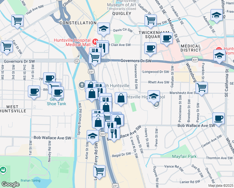 map of restaurants, bars, coffee shops, grocery stores, and more near 3005 Vanderbilt Drive Southwest in Huntsville
