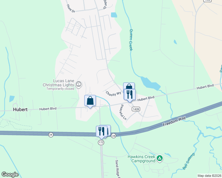 map of restaurants, bars, coffee shops, grocery stores, and more near 205 Brice Court in Hubert