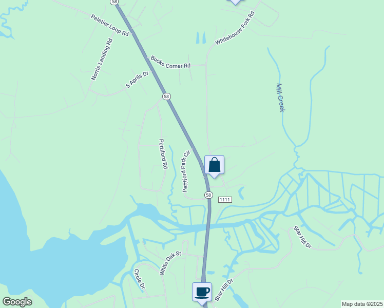 map of restaurants, bars, coffee shops, grocery stores, and more near 240 Pettiford Park Circle in Swansboro