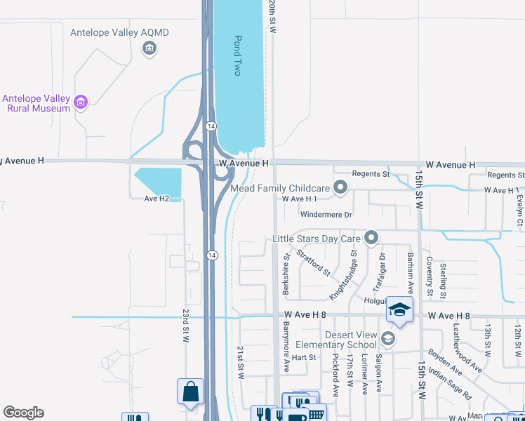 map of restaurants, bars, coffee shops, grocery stores, and more near Avenue H4 in Lancaster