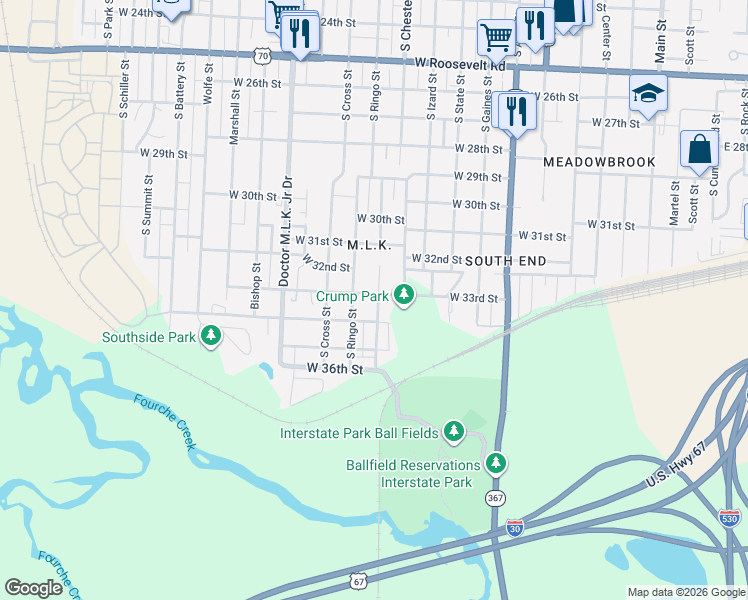 map of restaurants, bars, coffee shops, grocery stores, and more near 3319 South Chester Street in Little Rock