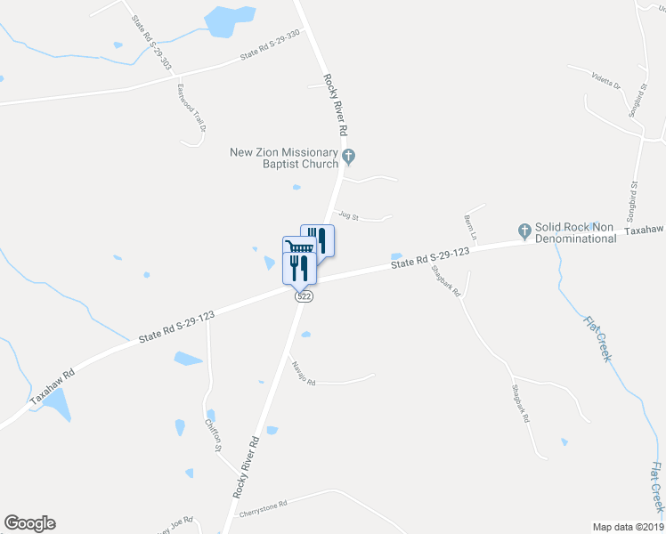 map of restaurants, bars, coffee shops, grocery stores, and more near 4499 Taxahaw Road in Lancaster