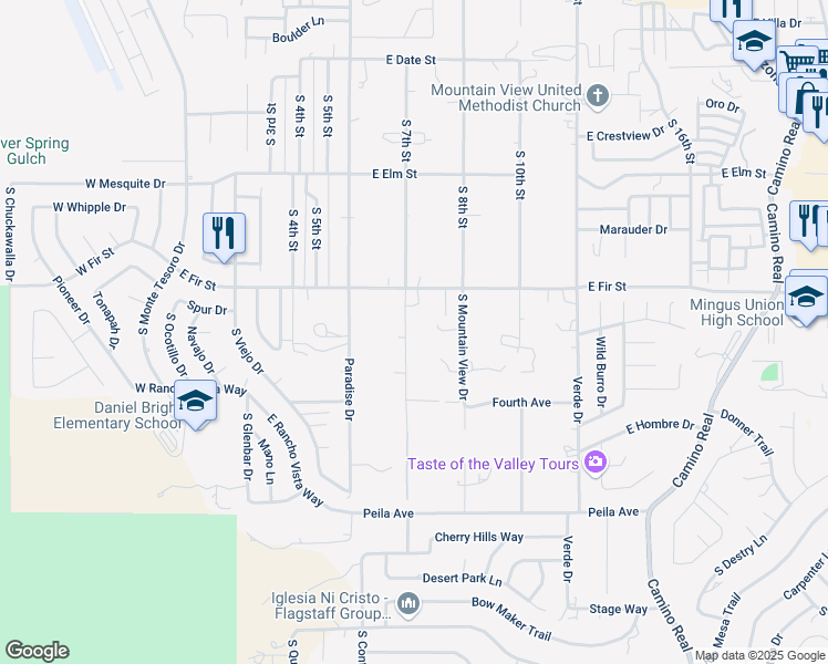 map of restaurants, bars, coffee shops, grocery stores, and more near 1295 Rainbow Drive in Cottonwood