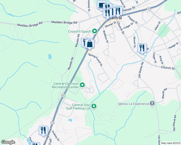 map of restaurants, bars, coffee shops, grocery stores, and more near 116 Evergreen Court in Central
