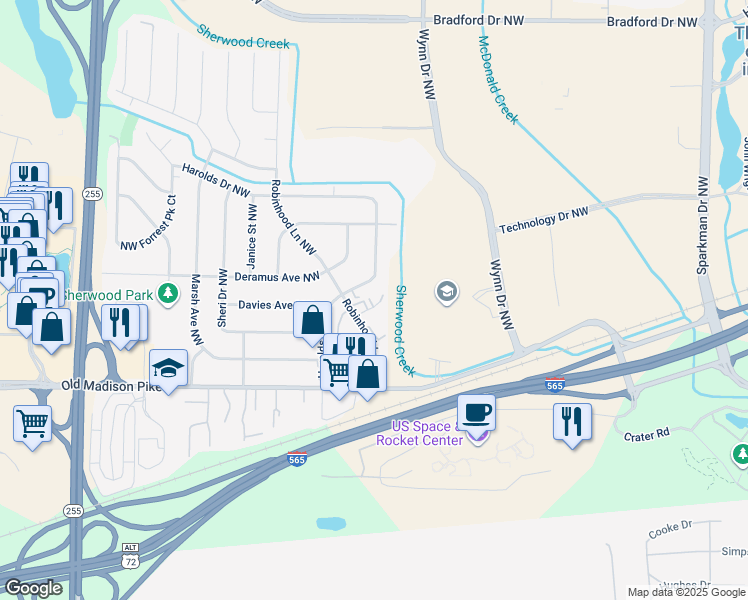 map of restaurants, bars, coffee shops, grocery stores, and more near 6201 Friar Tuck Drive Northwest in Huntsville