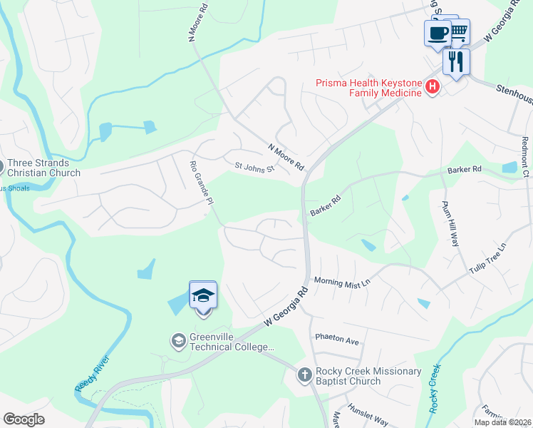 map of restaurants, bars, coffee shops, grocery stores, and more near 6 Platte Lane in Simpsonville