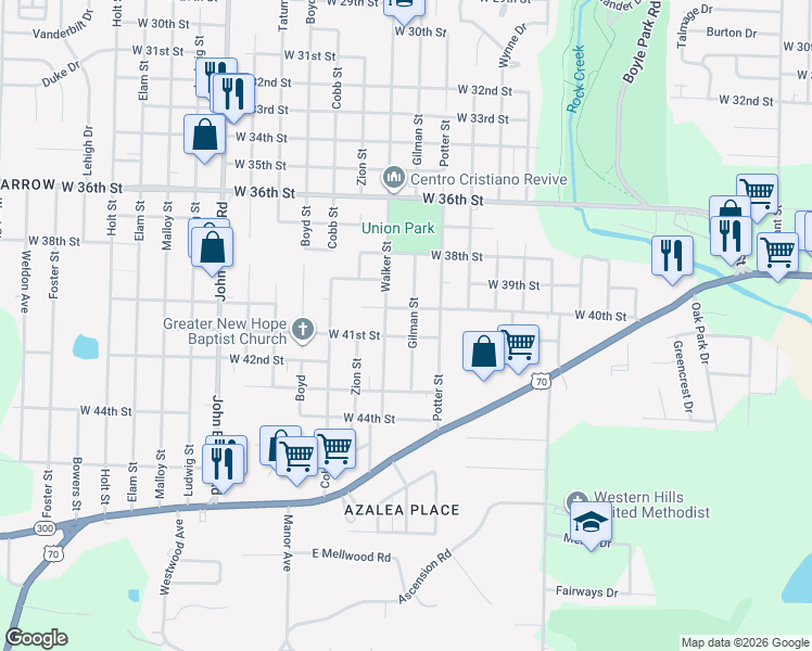 map of restaurants, bars, coffee shops, grocery stores, and more near 8022 West 41st Street in Little Rock