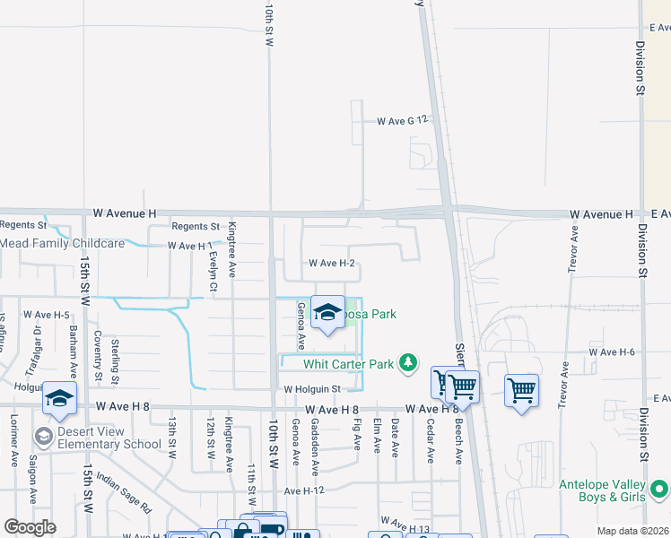 map of restaurants, bars, coffee shops, grocery stores, and more near 734 West Avenue H-2 in Lancaster