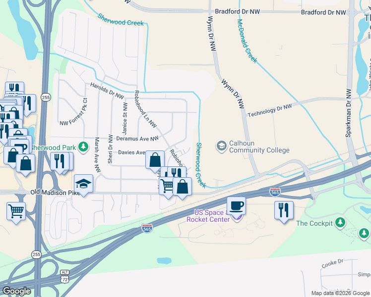 map of restaurants, bars, coffee shops, grocery stores, and more near 6201 Friar Tuck Drive Northwest in Huntsville