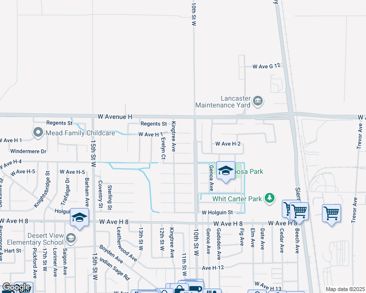 map of restaurants, bars, coffee shops, grocery stores, and more near 1028 West Avenue H-2 in Lancaster