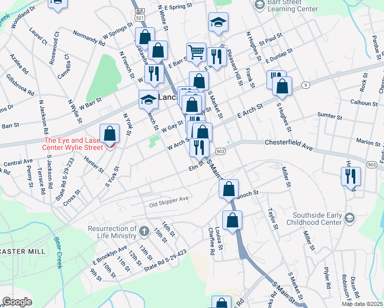 map of restaurants, bars, coffee shops, grocery stores, and more near 126 Elm Street in Lancaster