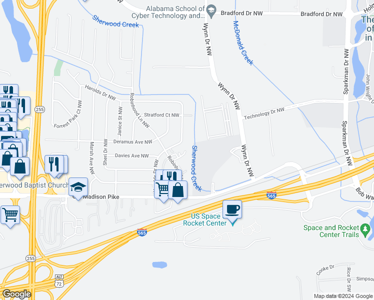 map of restaurants, bars, coffee shops, grocery stores, and more near 6201 Friar Tuck Drive Northwest in Huntsville