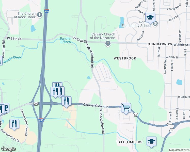 map of restaurants, bars, coffee shops, grocery stores, and more near 4023 South Shackleford Road in Little Rock
