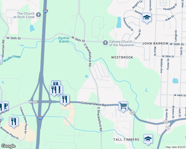 map of restaurants, bars, coffee shops, grocery stores, and more near 4023 South Shackleford Road in Little Rock