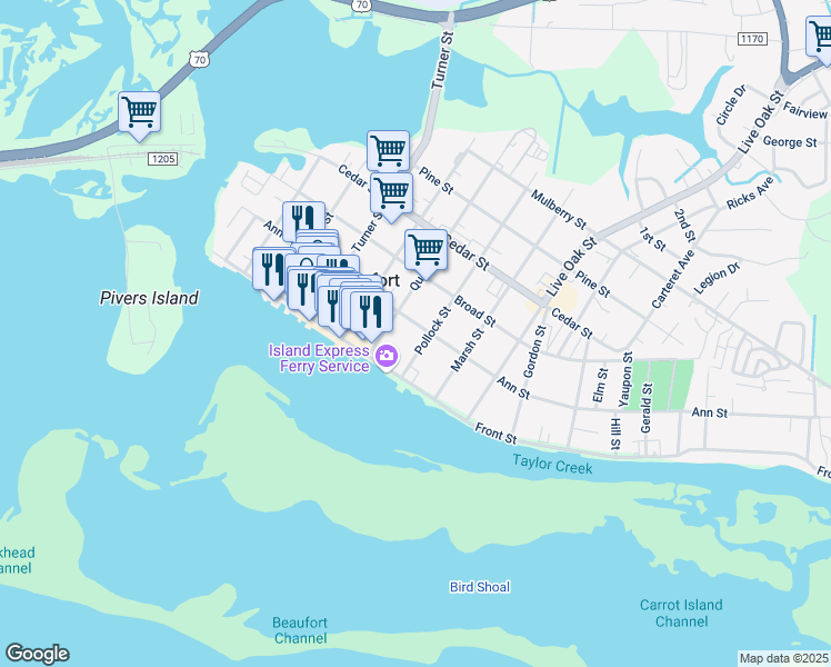 map of restaurants, bars, coffee shops, grocery stores, and more near 614 Ann Street in Beaufort