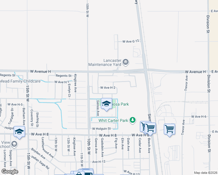 map of restaurants, bars, coffee shops, grocery stores, and more near West Avenue H-2 in Lancaster