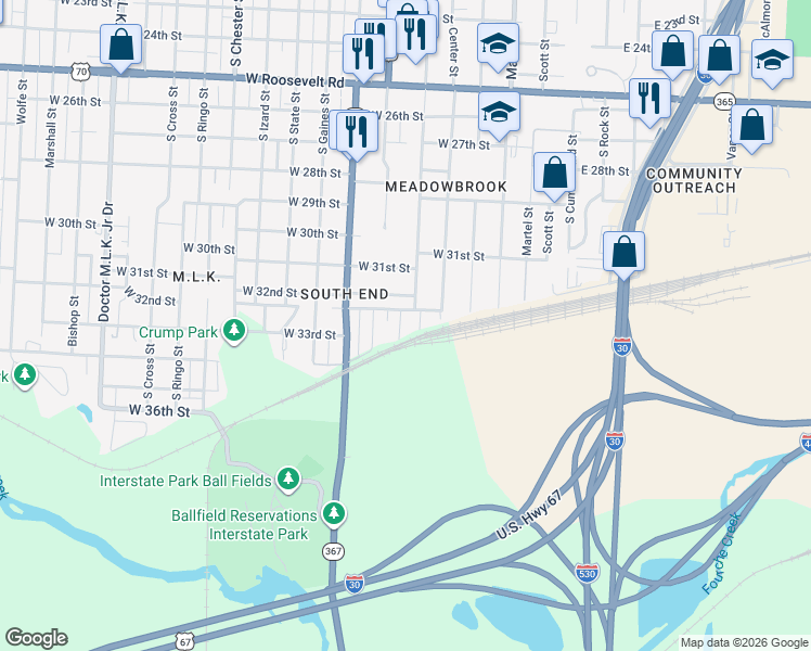 map of restaurants, bars, coffee shops, grocery stores, and more near 3328 Short Spring Street in Little Rock