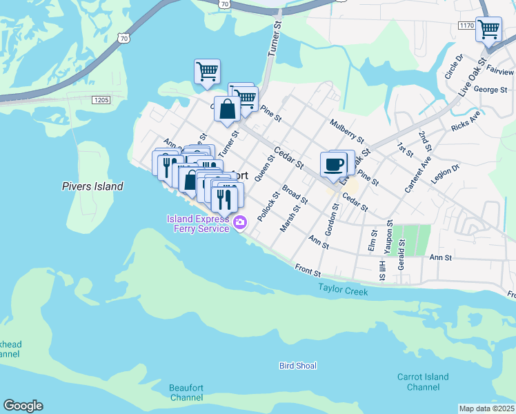 map of restaurants, bars, coffee shops, grocery stores, and more near 614 Ann Street in Beaufort