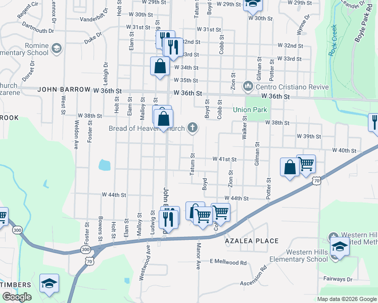 map of restaurants, bars, coffee shops, grocery stores, and more near 4101 Longcoy Street in Little Rock