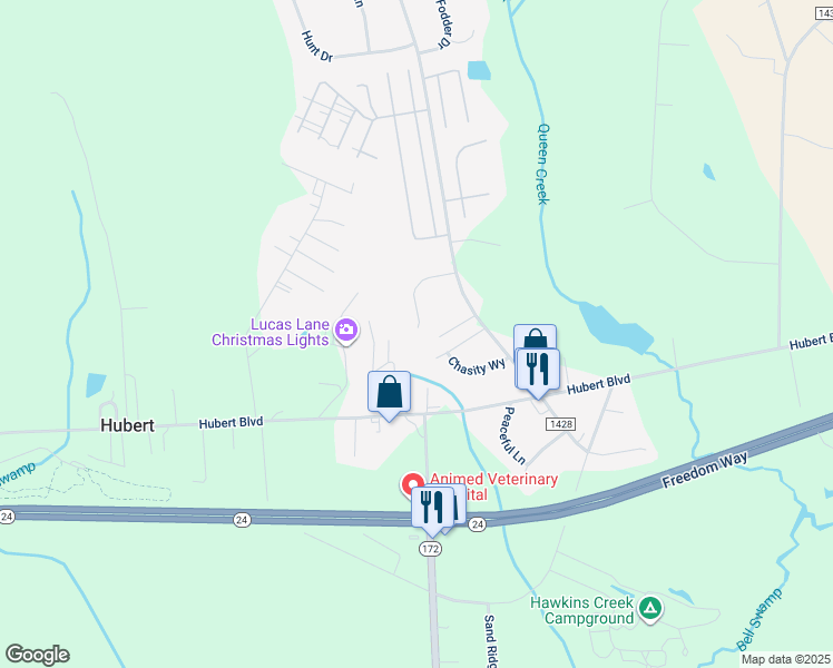 map of restaurants, bars, coffee shops, grocery stores, and more near 122 Blue Haven Drive in Hubert