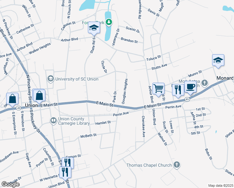 map of restaurants, bars, coffee shops, grocery stores, and more near 102 Park Drive in Union