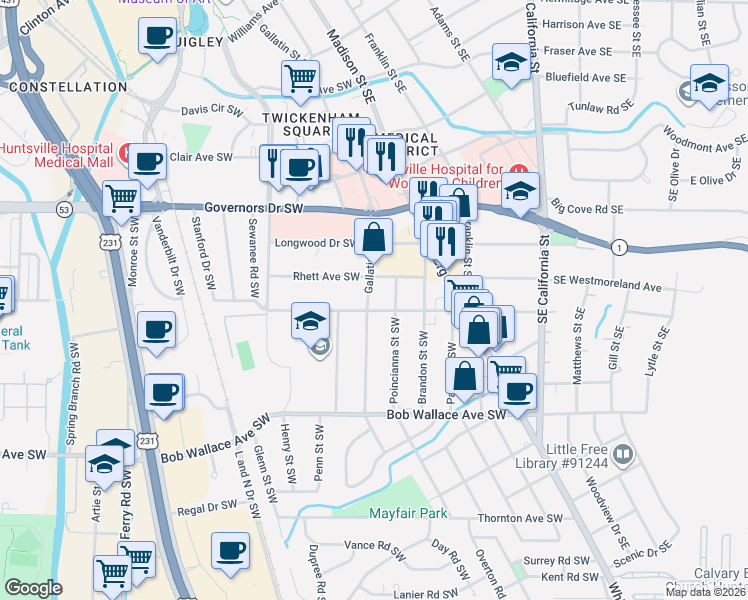 map of restaurants, bars, coffee shops, grocery stores, and more near 403 Marsheutz Avenue Southwest in Huntsville