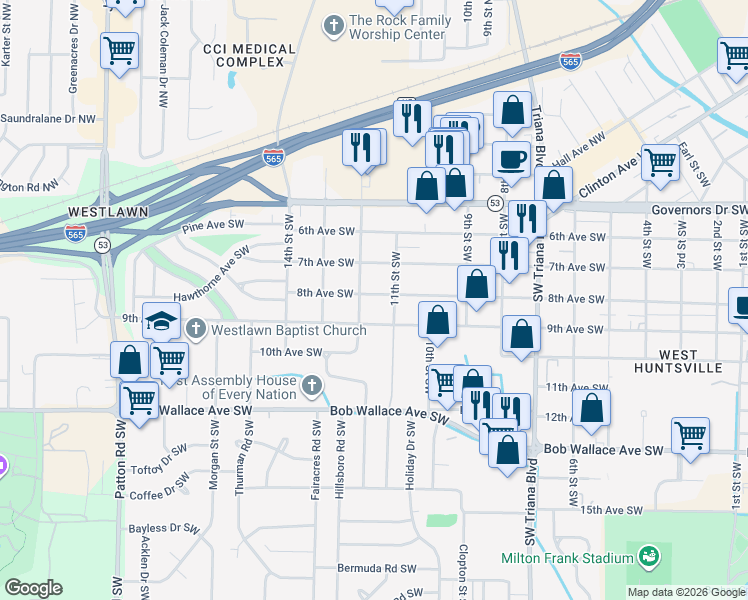 map of restaurants, bars, coffee shops, grocery stores, and more near 3504 9th Avenue Southwest in Huntsville