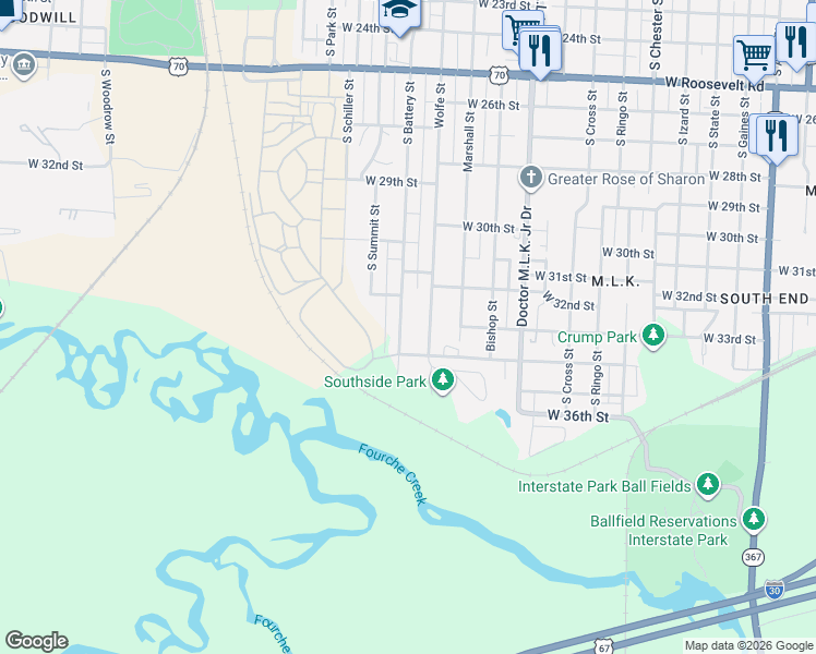 map of restaurants, bars, coffee shops, grocery stores, and more near 3324 South Battery Street in Little Rock