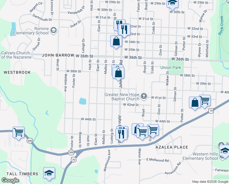 map of restaurants, bars, coffee shops, grocery stores, and more near 4100 Ludwig Street in Little Rock