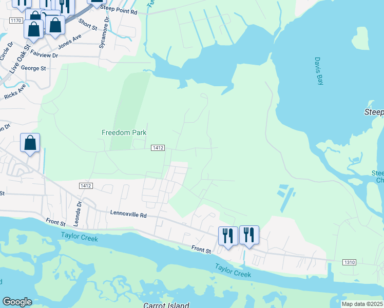 map of restaurants, bars, coffee shops, grocery stores, and more near 410 Shoveler Place in Beaufort