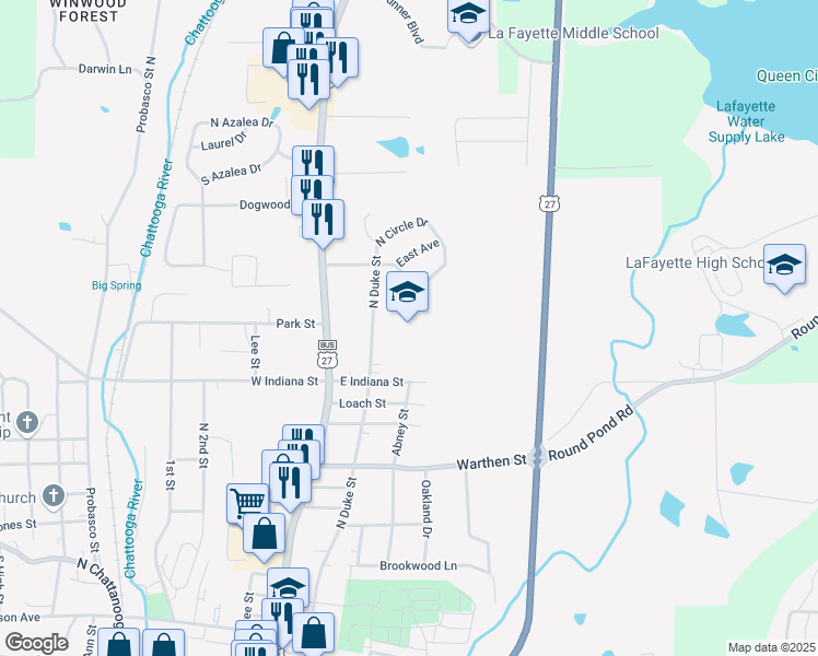 map of restaurants, bars, coffee shops, grocery stores, and more near 610 North Duke Street in LaFayette