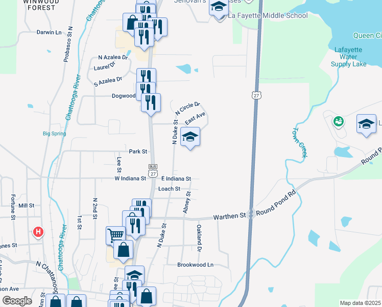 map of restaurants, bars, coffee shops, grocery stores, and more near 610 North Duke Street in LaFayette